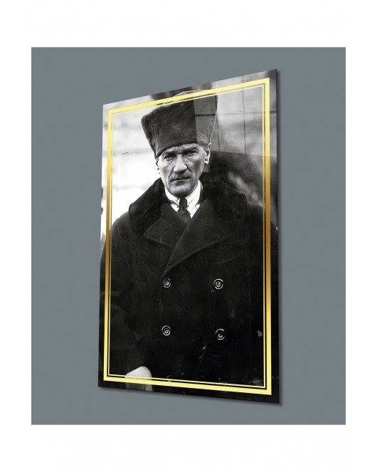 Gold Şerit Siyah Beyaz Pardesülü Atatürk Portresi Cam Tablo, Uv Baskılı ve Temperli, Hediyelik