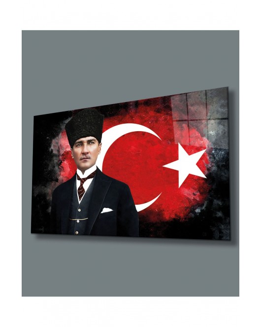 Atatürk ve Ay Yıldız Cam Tablo, Uv Baskılı ve Temperli, Hediyelik