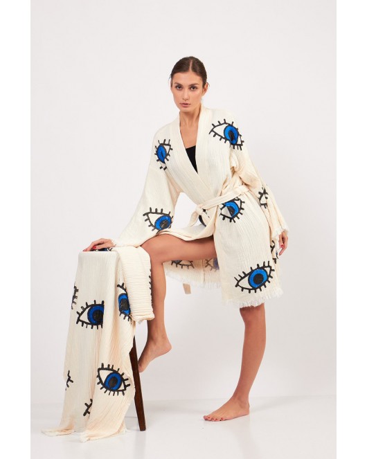 Blue Eye Pamuklu Müslin Kimono + Peştemal