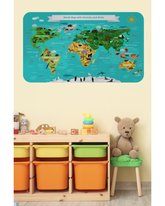 Eğitici Dünya Haritası Dünya Atlası Çocuk ve Bebek Odası Duvar Sticker-60x105-3780