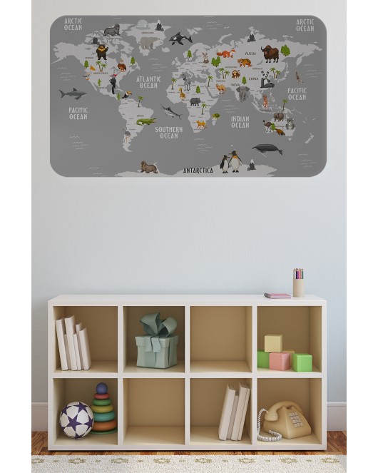 Eğitici Dünya Haritası Dünya Atlası Çocuk ve Bebek Odası Duvar Sticker-60x105-3794