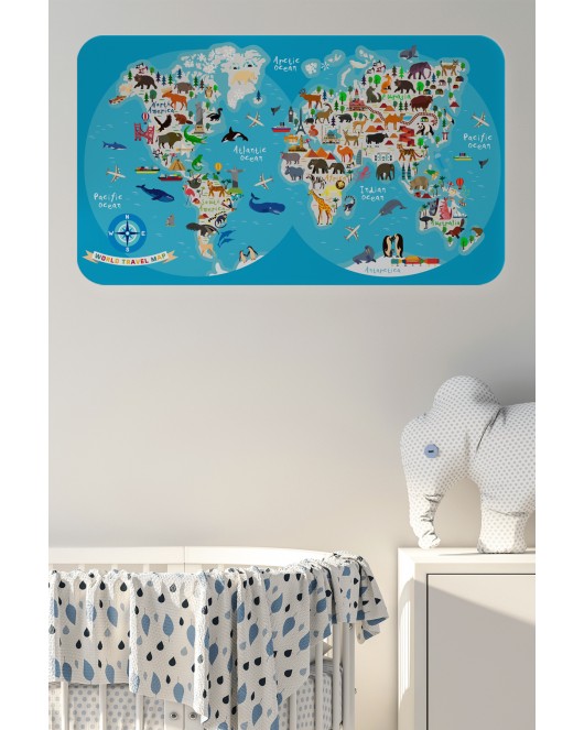 Eğitici Dünya Haritası Dünya Atlası Çocuk ve Bebek Odası Duvar Sticker -60x105-3806