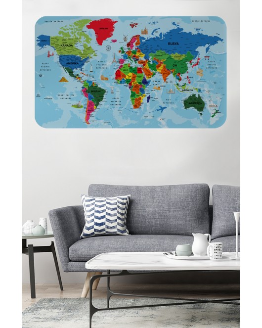 Türkçe Eğitici Ülke ve Başkent Okyanus Detaylı Atlası Dünya Haritası Duvar Sticker -60x105-3866