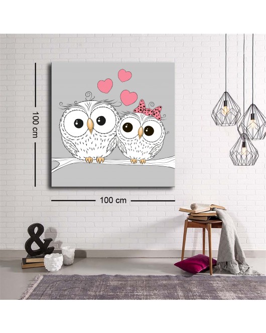 Dekoratif Baskı illüstrasyon Owl Love Kare Kanvas Tablo